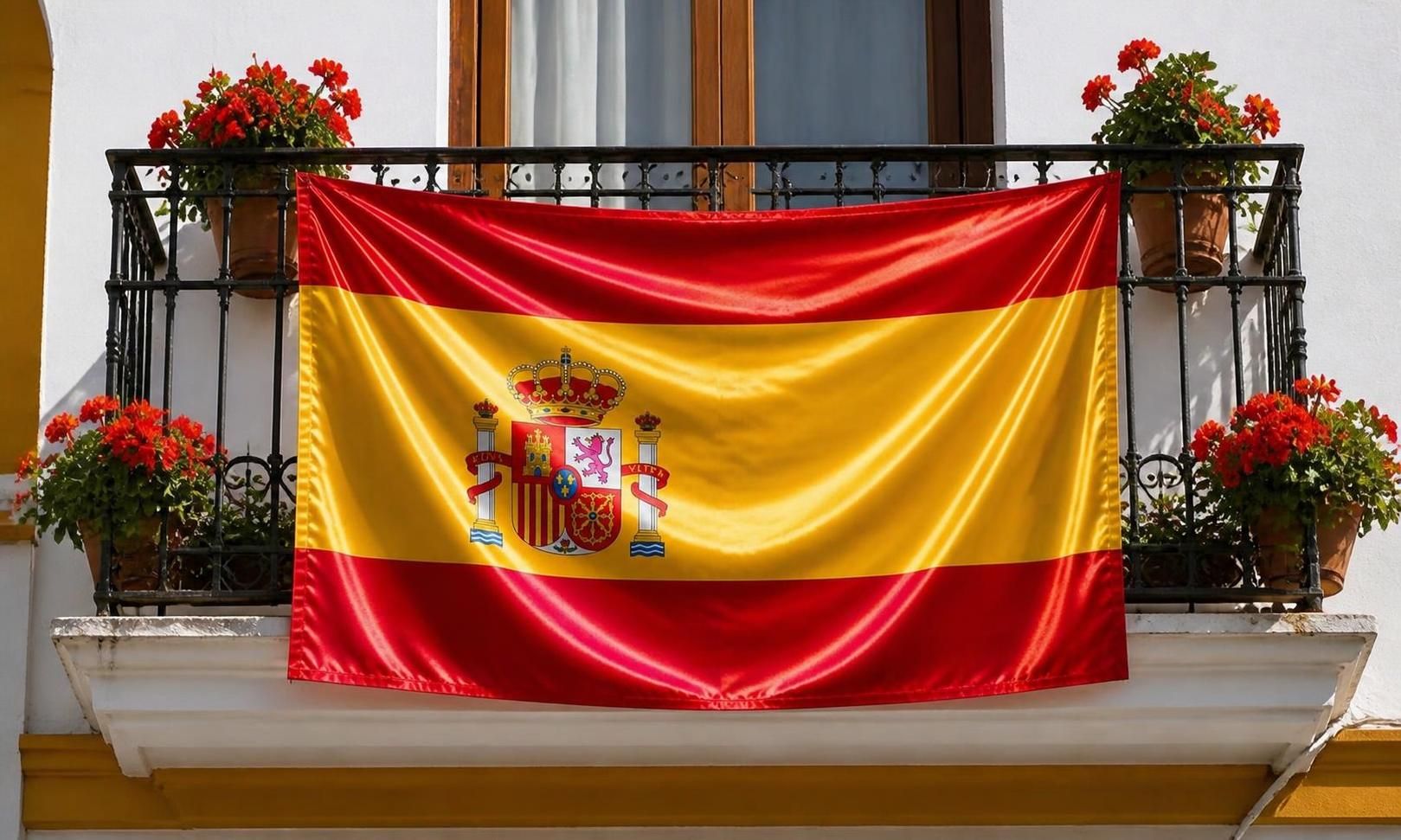 Imagen de Bandera sBandera de España colocada en un balcón